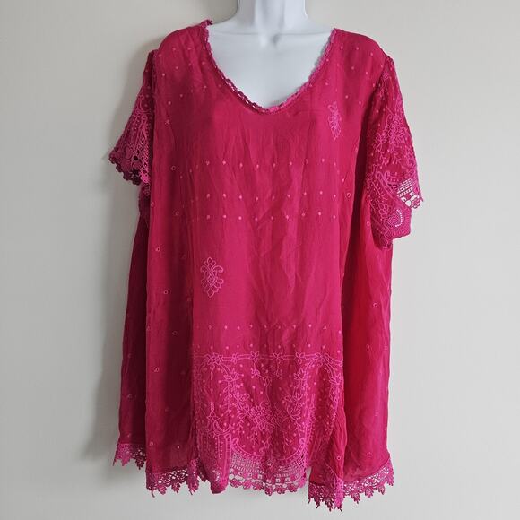 Johnny Was Blouse Womens 2X Pink Embroidered Eyelet Boho Tunic Colorful Coastal - Picture 1 of 8